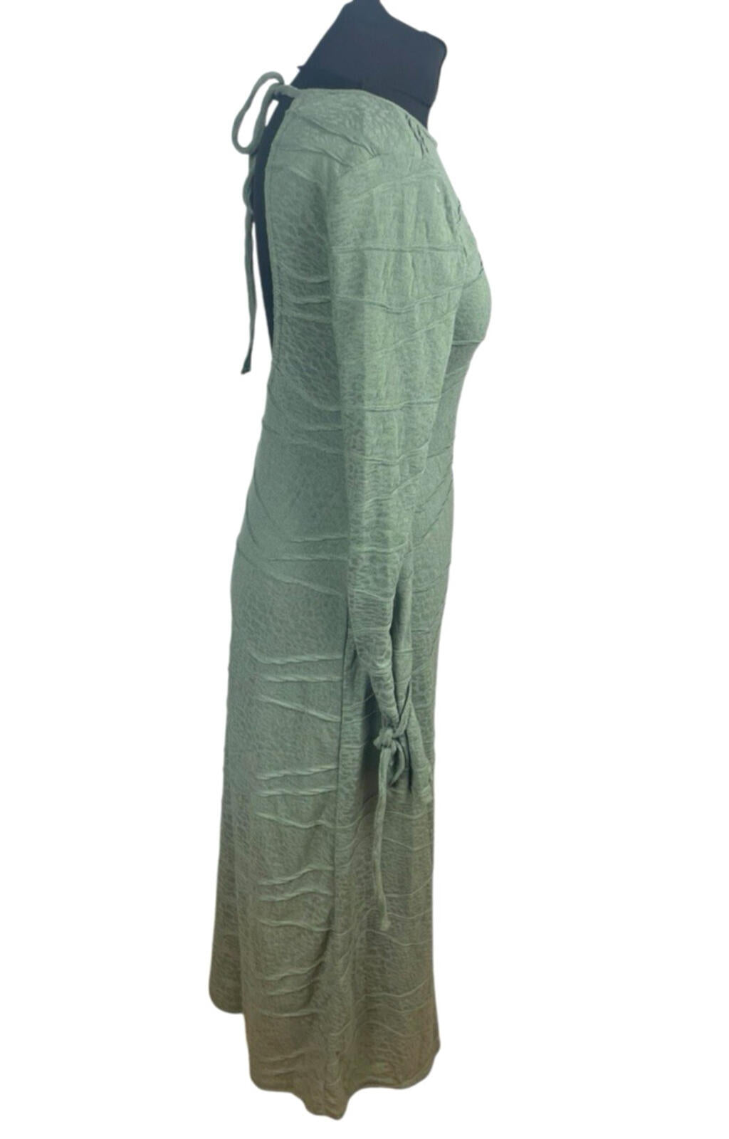 Backless Midi Dress Women's UK Size S Long Sleeve Textured Khaki Green