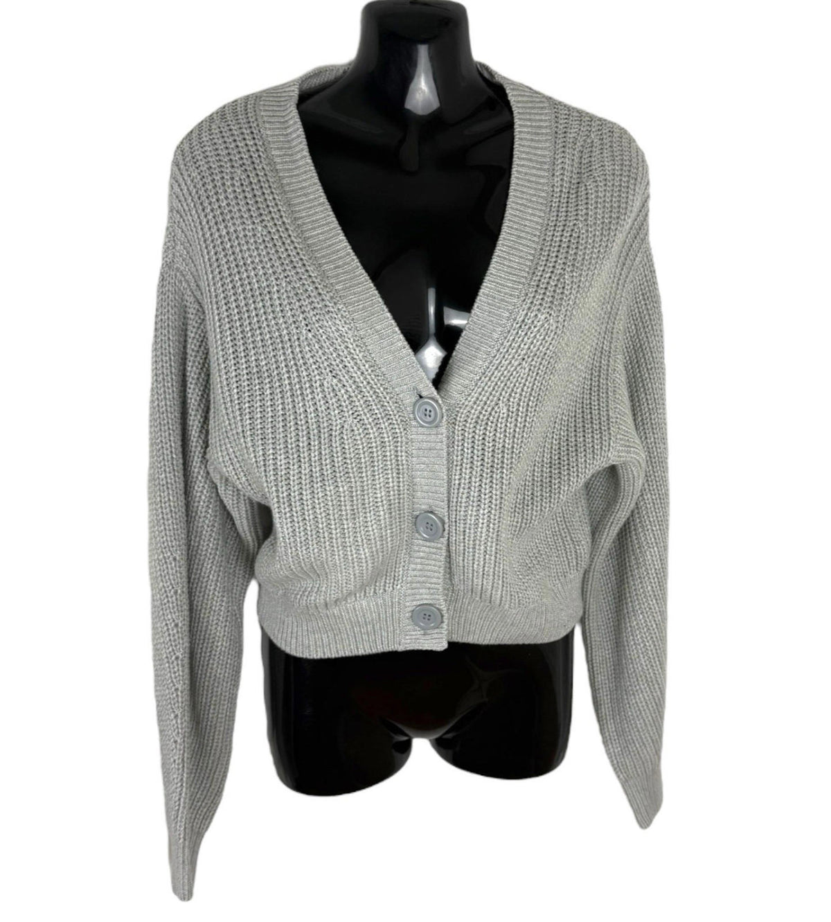 Divided Grey Cardigan Women's UK Size XS Cable Knit V-Neck Oversized