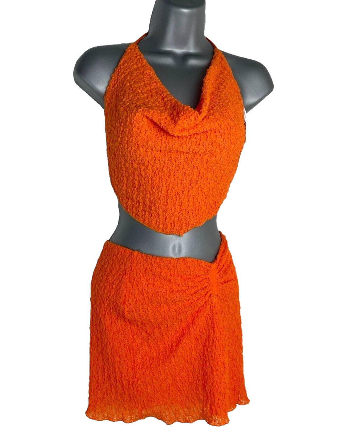 Bershka Bright Orange Textured Co Ord Set Women's UK Size XS Crop Top & Skirt
