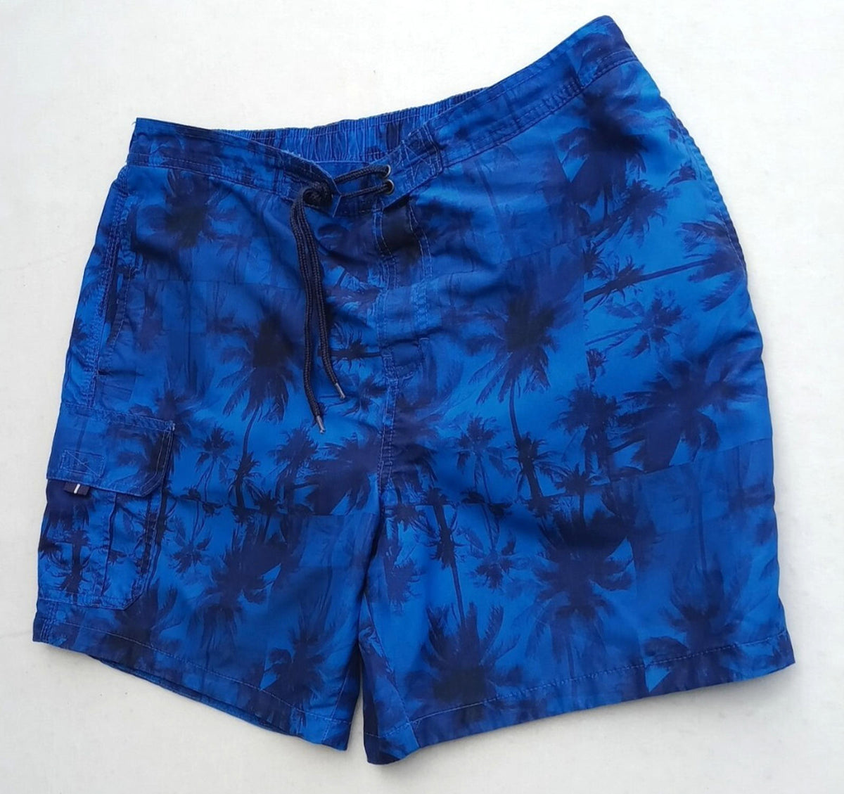 Tu Blue Palm Tree Swim Shorts Men's UK Size L Blue Pockets Drawstring Hawaiian Print