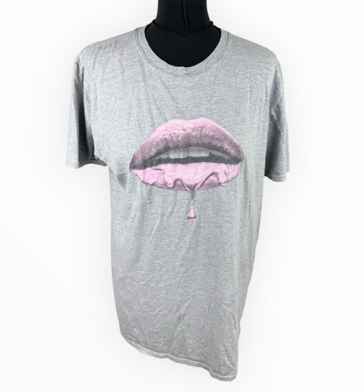 Gildan Pink Glitter Lips T-Shirt Women's UK Size L Grey Jersey Graphic Print Crew Neck