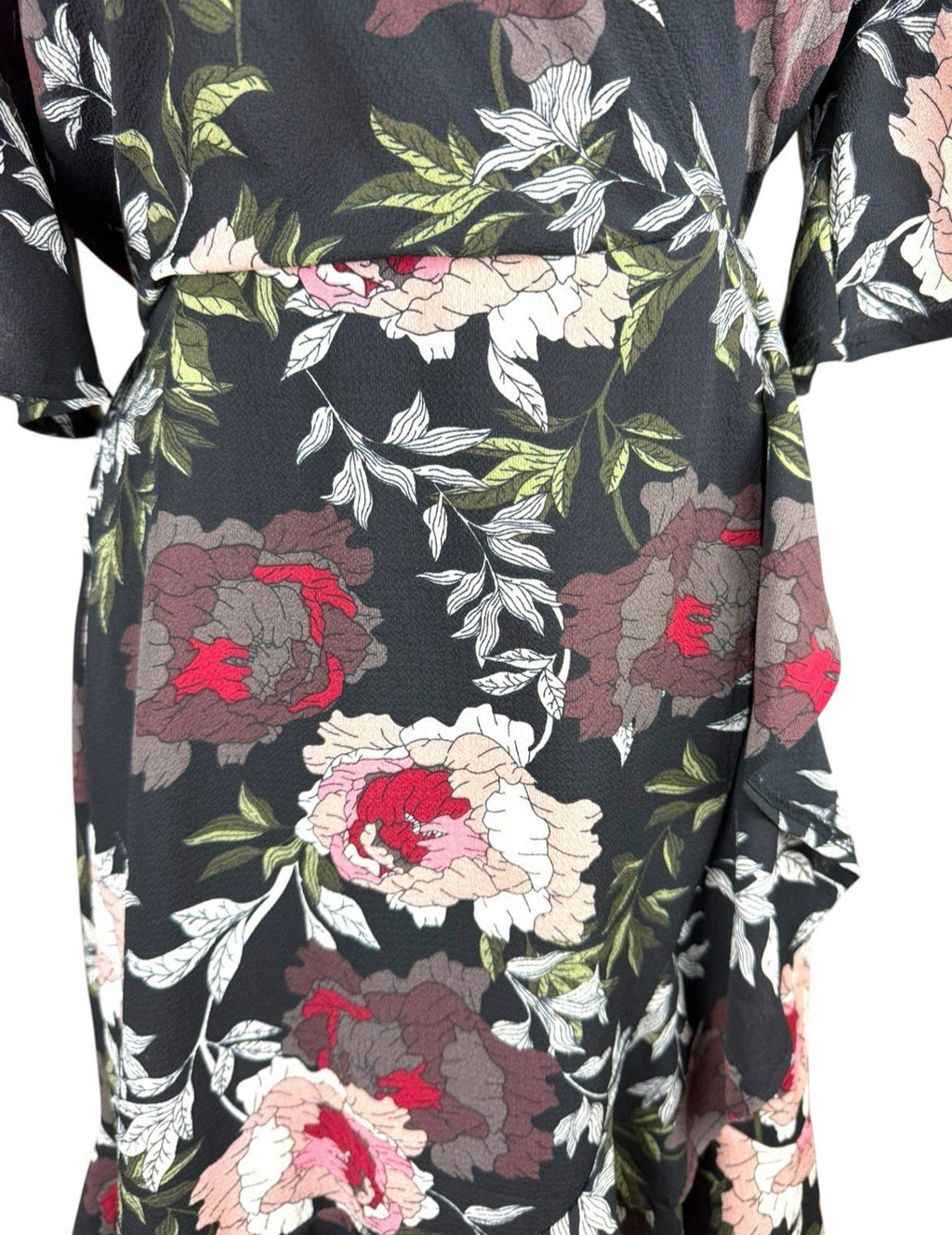 AX Paris Dress Black Floral Wrap Front Frill Knee Length Women's UK Size 10