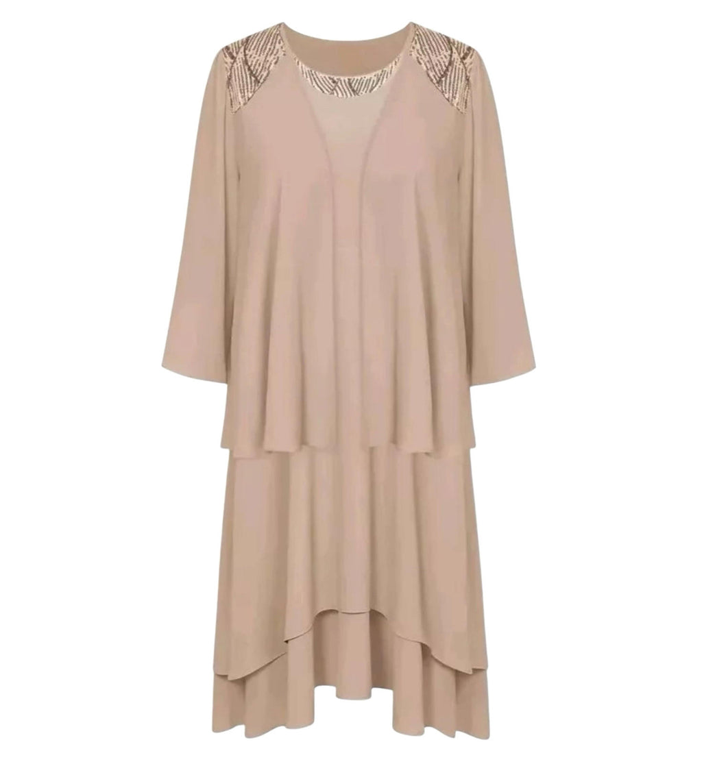 Grace Karin Beige Chiffon Tiered Dress & Jacket Women's UK Size 12 Sequin Detail Occasion Formal