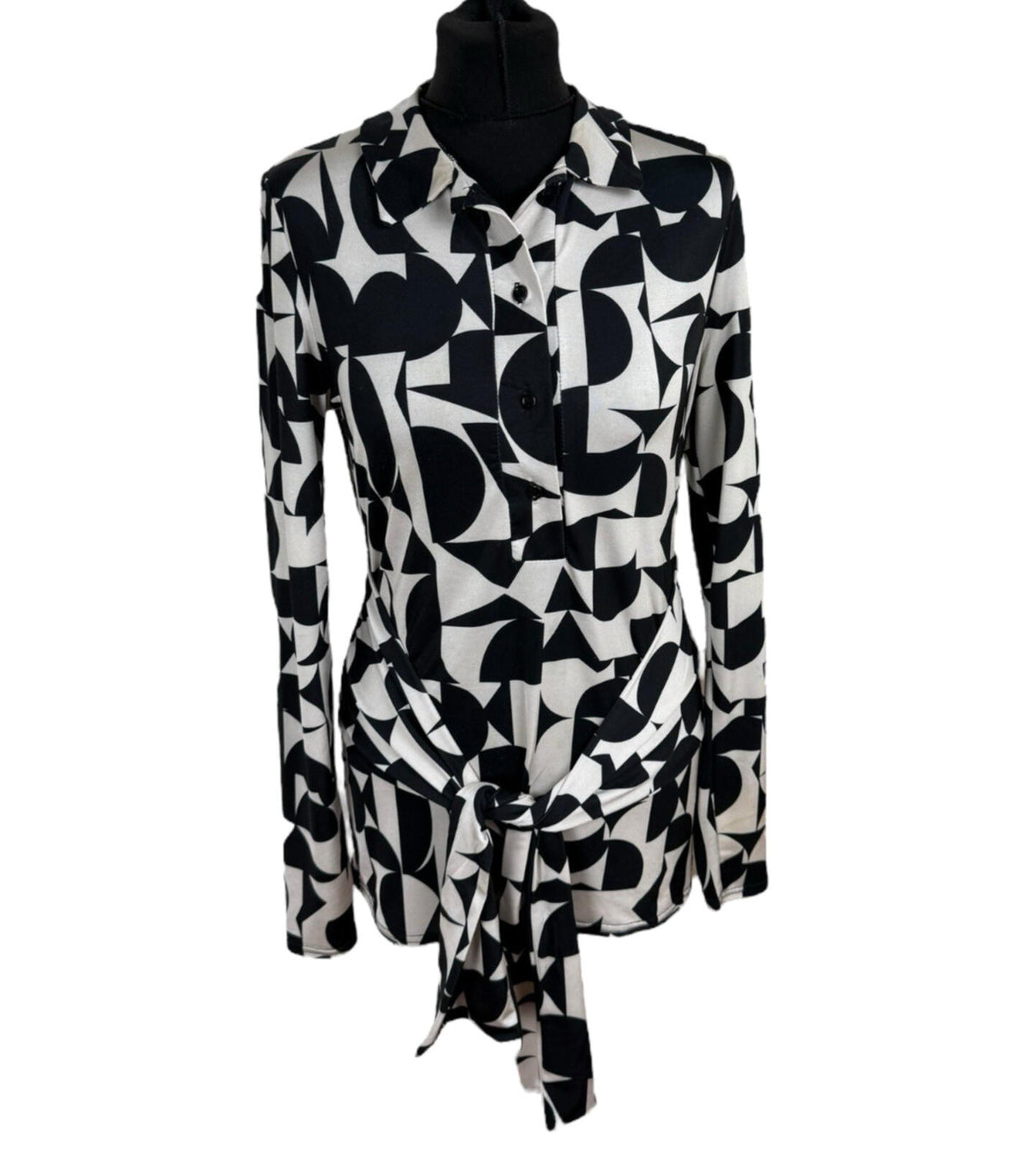 River Island White River Island Blouse Women's UK Size 10 Black White Graphic Print Belted Collared
