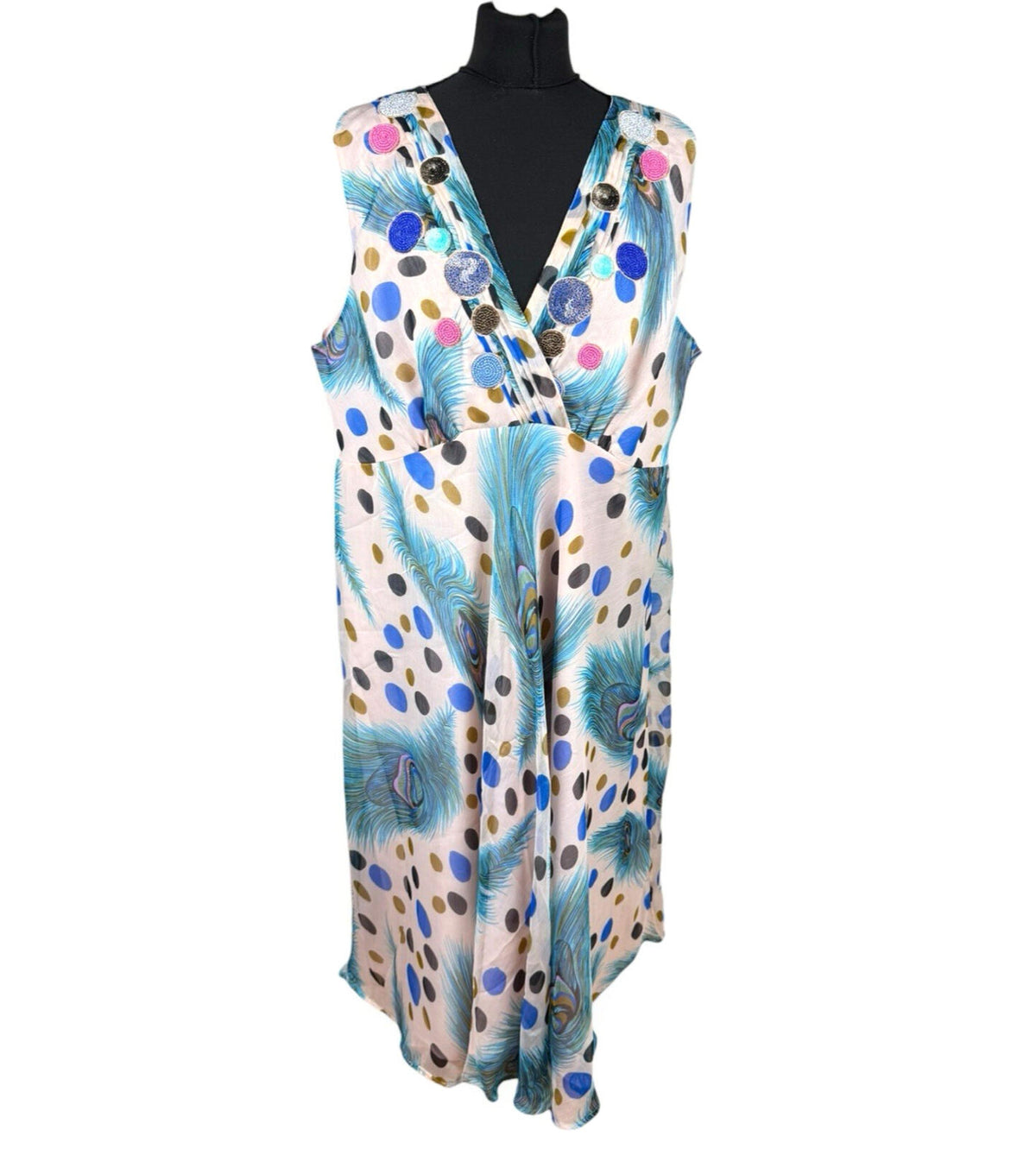 Marksharn White Marksharn Chiffon Party Dress Women's UK Size 3XL Peacock Design Multicolour