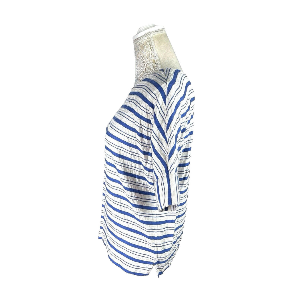 Per Una White Marks & Spencer Stripe T-Shirt Top Women's UK Size 10 Short Sleeve Linen Blend