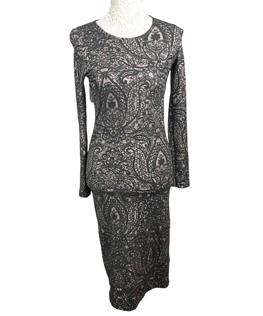 TopShop Black Topshop Black Embroidered Midi Dress Long Sleeve Bodycon Women's UK Size 12