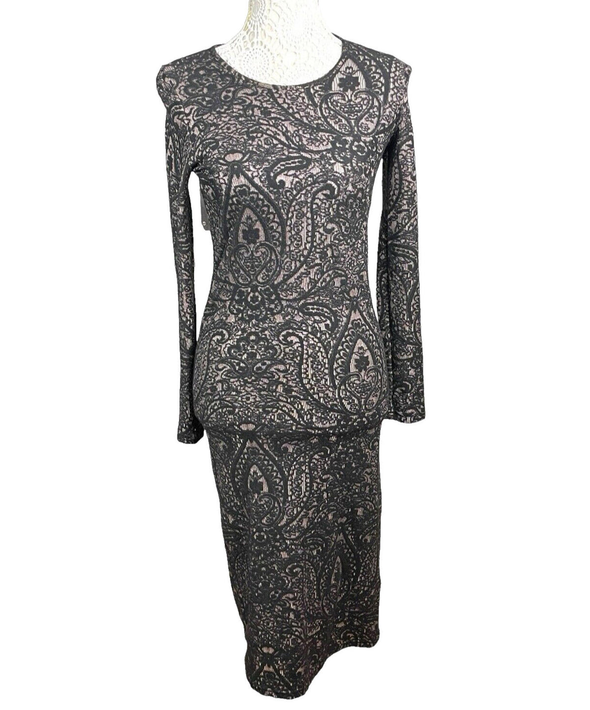 TopShop Black Topshop Black Embroidered Midi Dress Long Sleeve Bodycon Women's UK Size 12