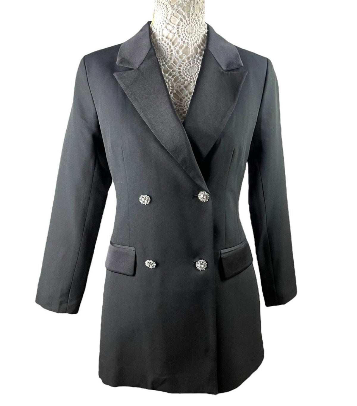 New Look Long Black Blazer Jacket Diamante Button PETITE Women’s UK Size 8