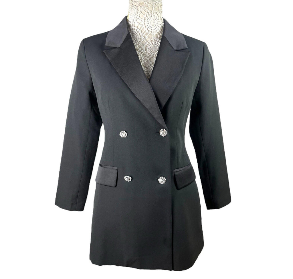 New Look Long Black Blazer Jacket Diamante Button PETITE Women’s UK Size 8