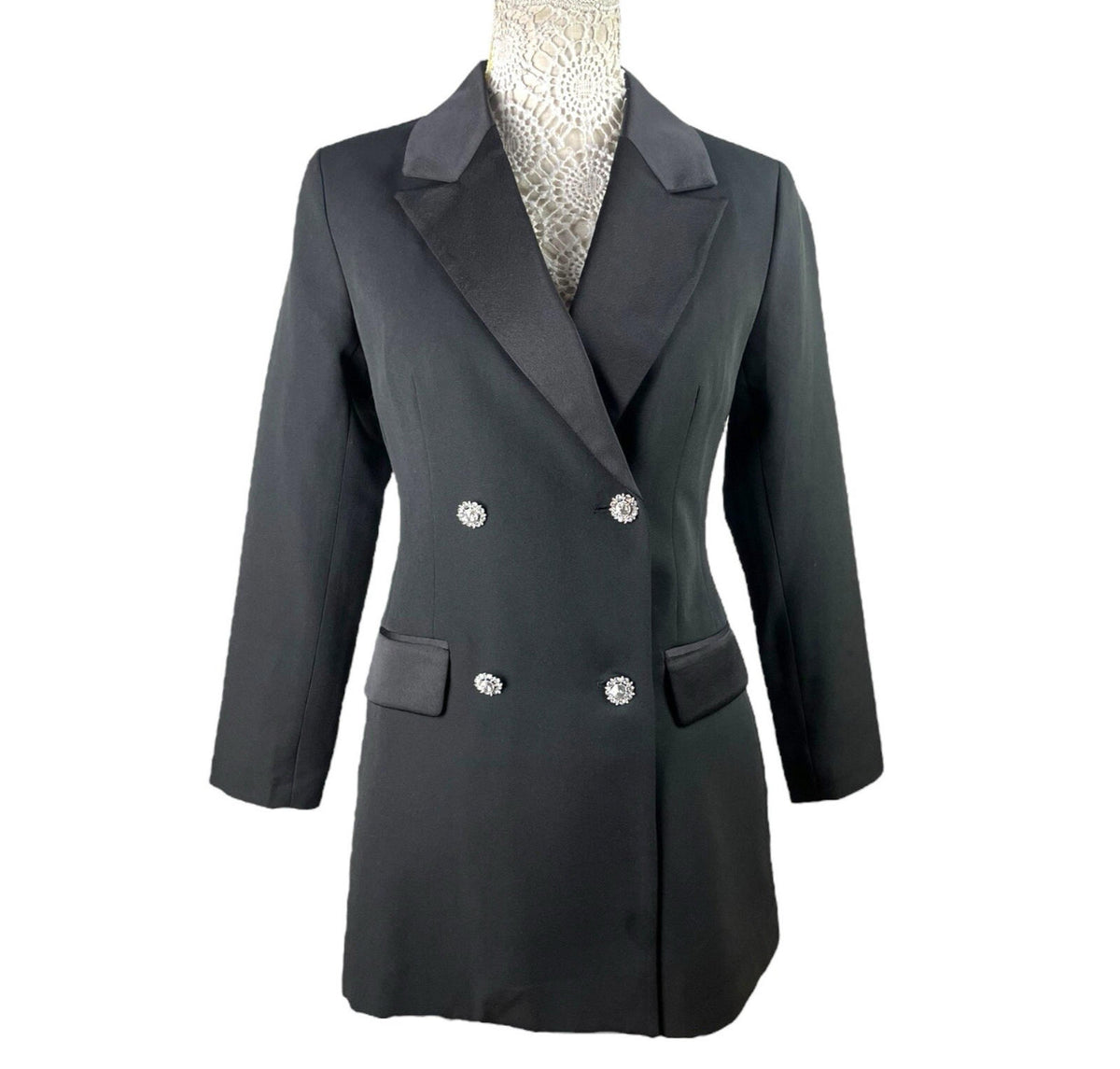 New Look Long Black Blazer Jacket Diamante Button PETITE Women’s UK Size 8