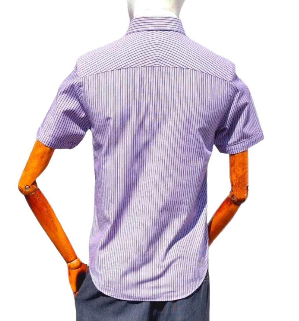 Jeff Banks Mens Shirt Small Purple White Stripe Short Sleeve Cotton Casual Smart