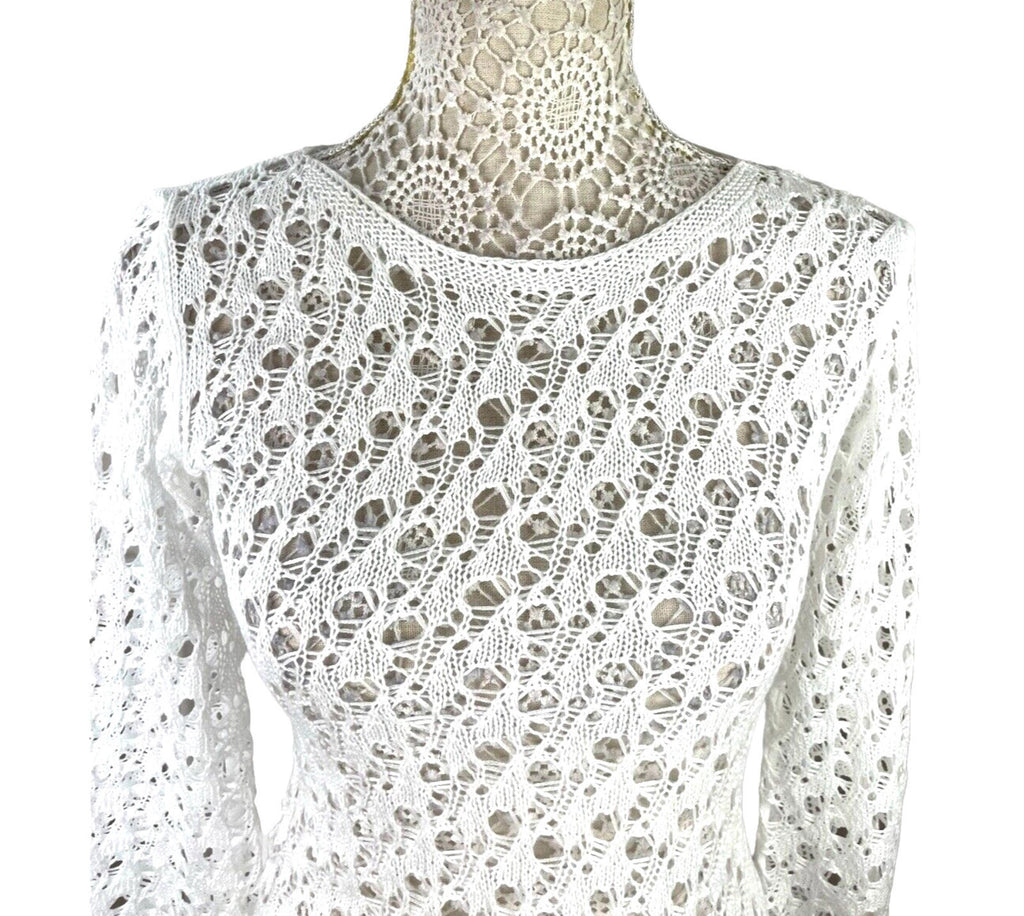 Crochet Knit Maxi Dress Women's UK Size 8 Backless White Long Sleeve Bodycon