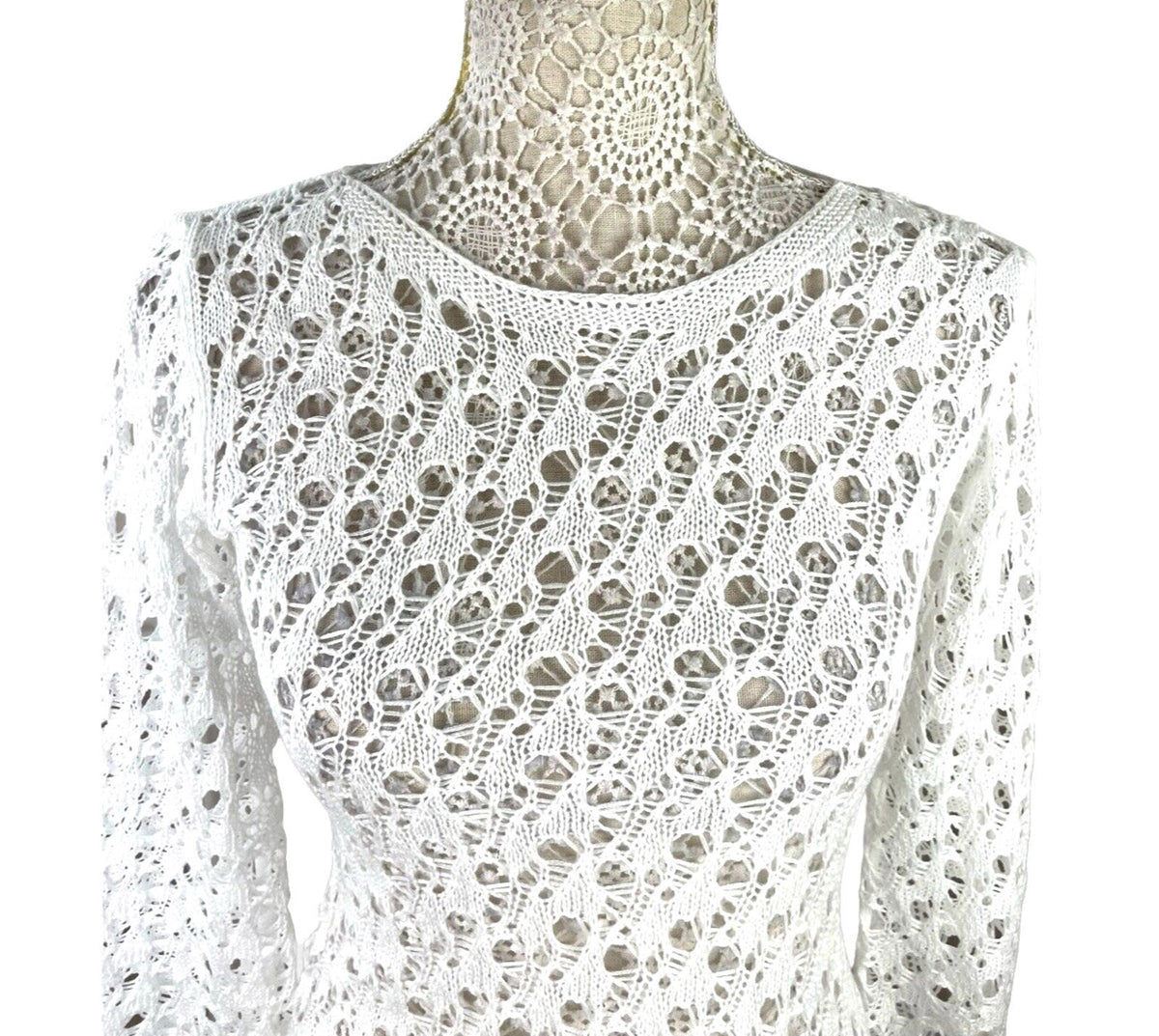 Crochet Knit Maxi Dress Women's UK Size 8 Backless White Long Sleeve Bodycon