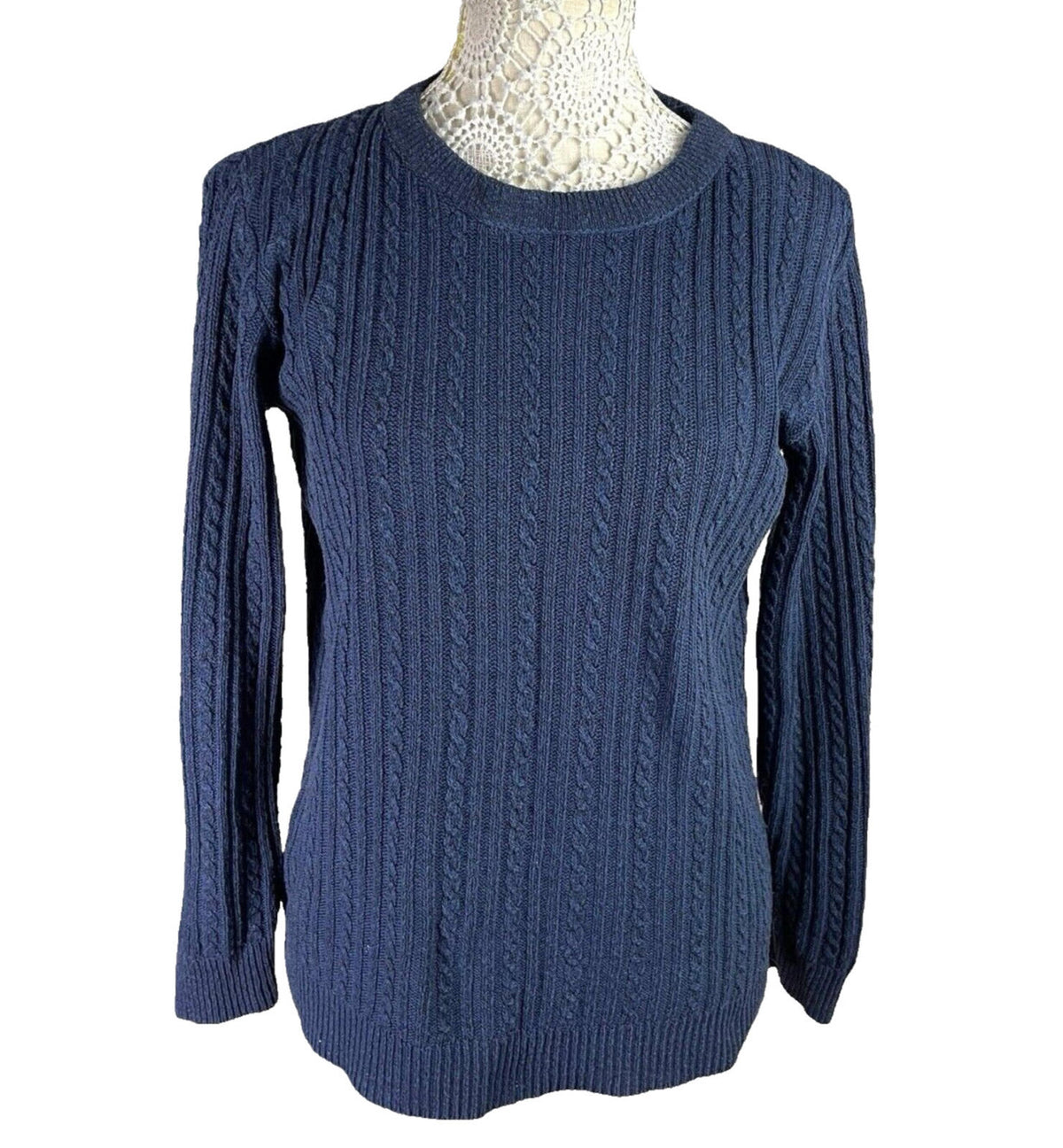 ME Navy Blue Knit Jumper Aran Pattern Crew Neck Women's UK Size L (12)