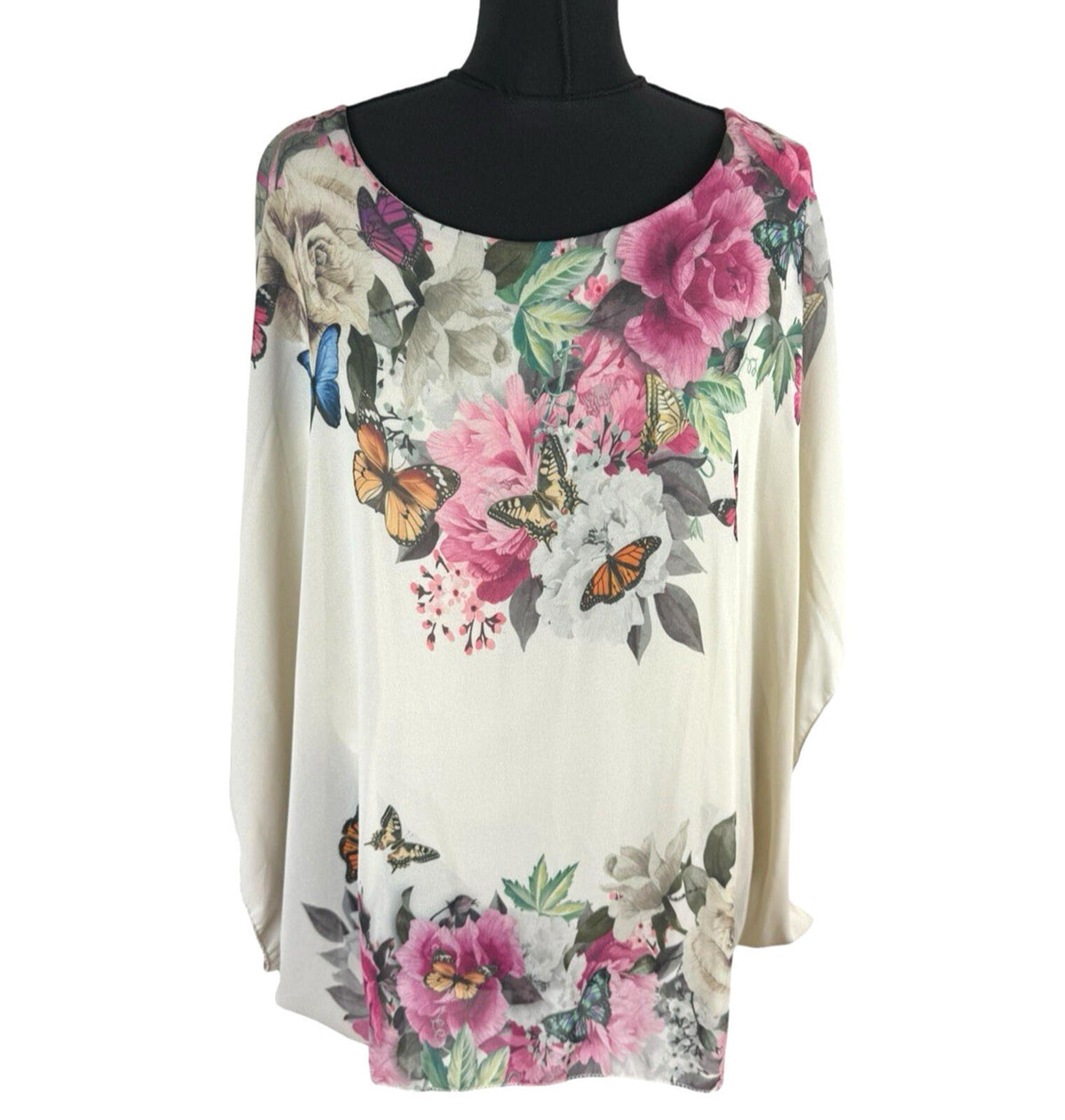 Floral Smock Blouse Top Women's UK Size L Chiffon Relaxed Fit Lined Floral Beige