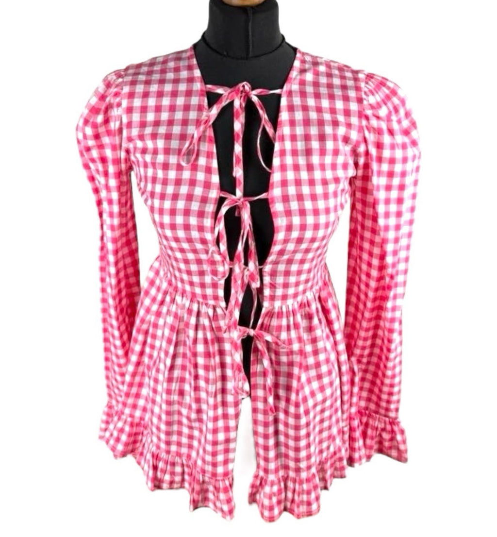 Red Gingham Tie Front Blouse Long Sleeve Grilled Hem Women's UK Size S