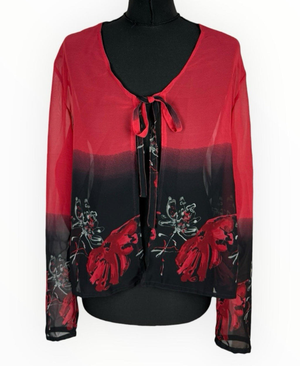 Floral Dress Set Women's UK Size XL (16) Chiffon Midi Cardigan & Scarf Black Red