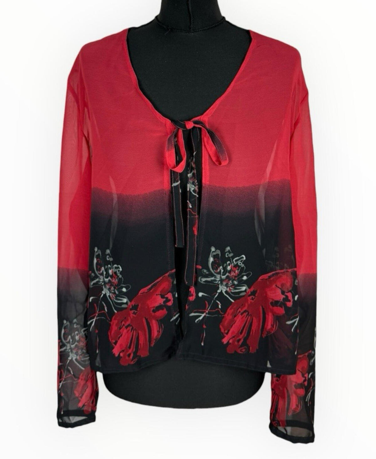 Floral Dress Set Women's UK Size XL (16) Chiffon Midi Cardigan & Scarf Black Red