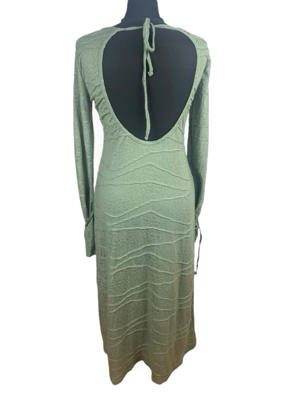 Backless Midi Dress Women's UK Size S Long Sleeve Textured Khaki Green