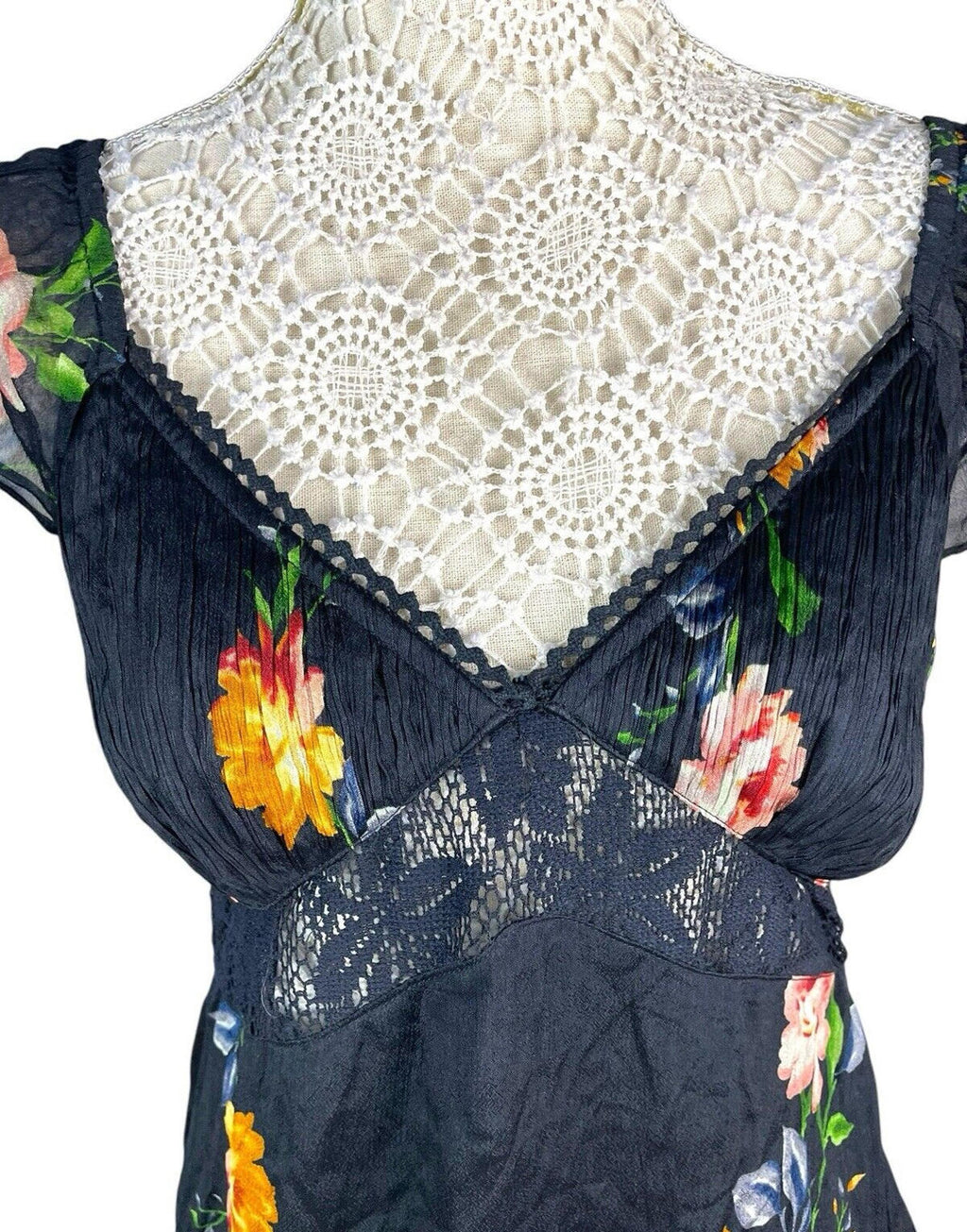Black Floral Maxi Dress Lace Panels Women's UK Size 8