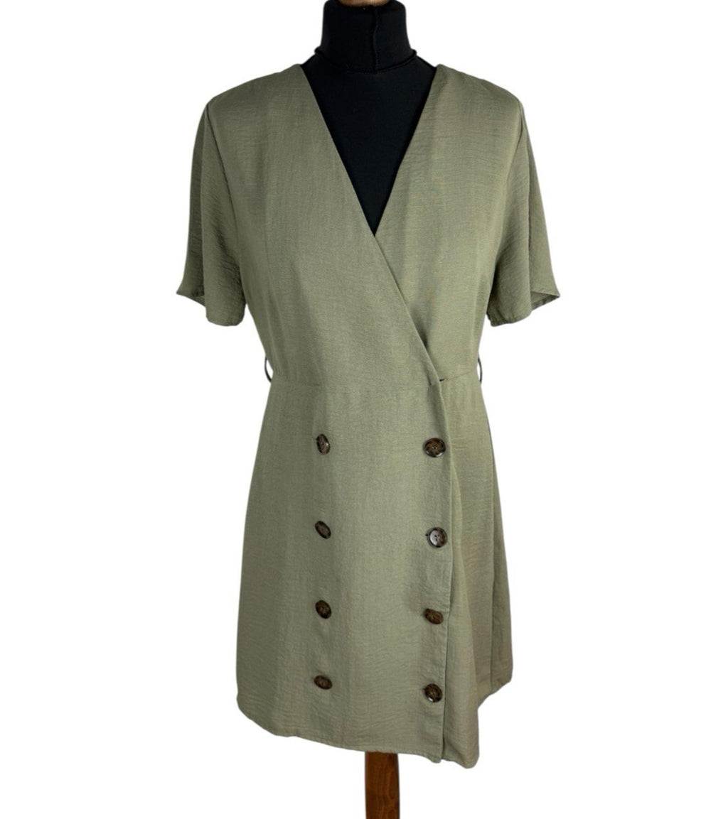 Primark Khaki Green Dress Brown Button Knee Length V Neck Women’s UK Size 12