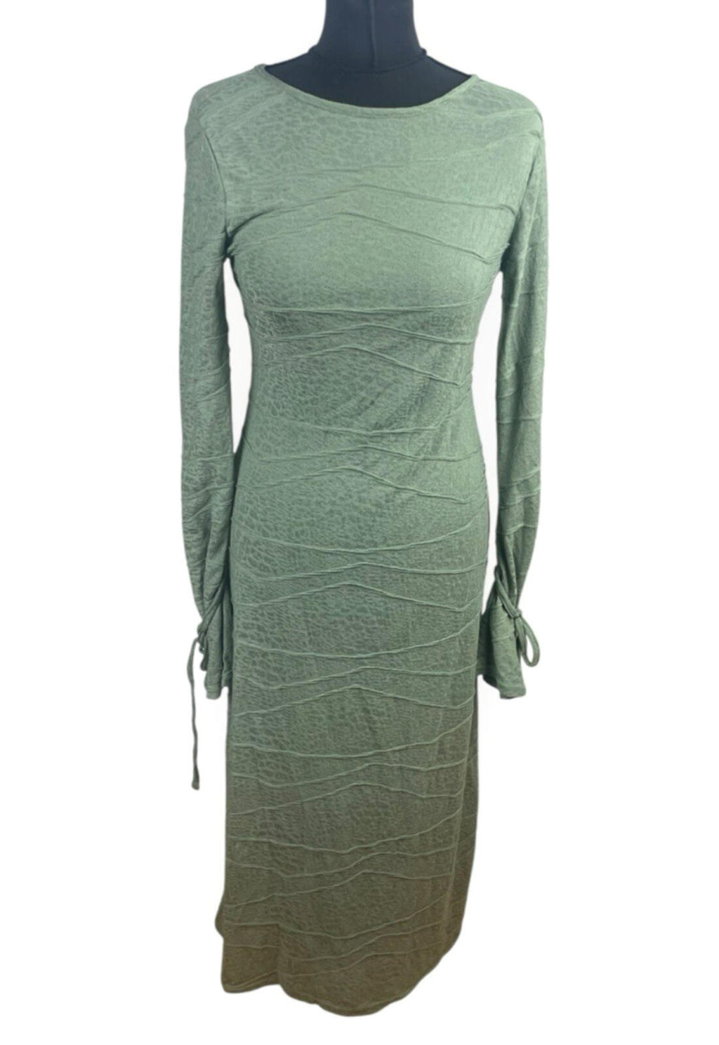 Backless Midi Dress Women's UK Size S Long Sleeve Textured Khaki Green