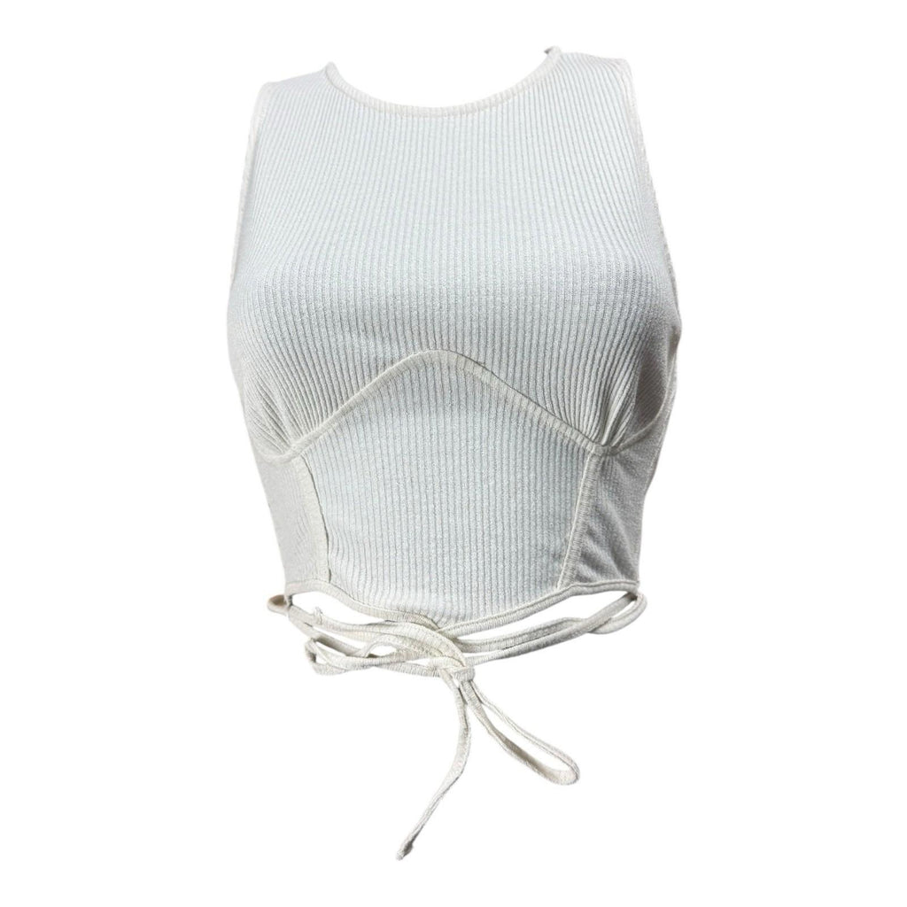 Bershka Cream Ribbed Crop Top Ribbed Tie Front Women's UK Size XS