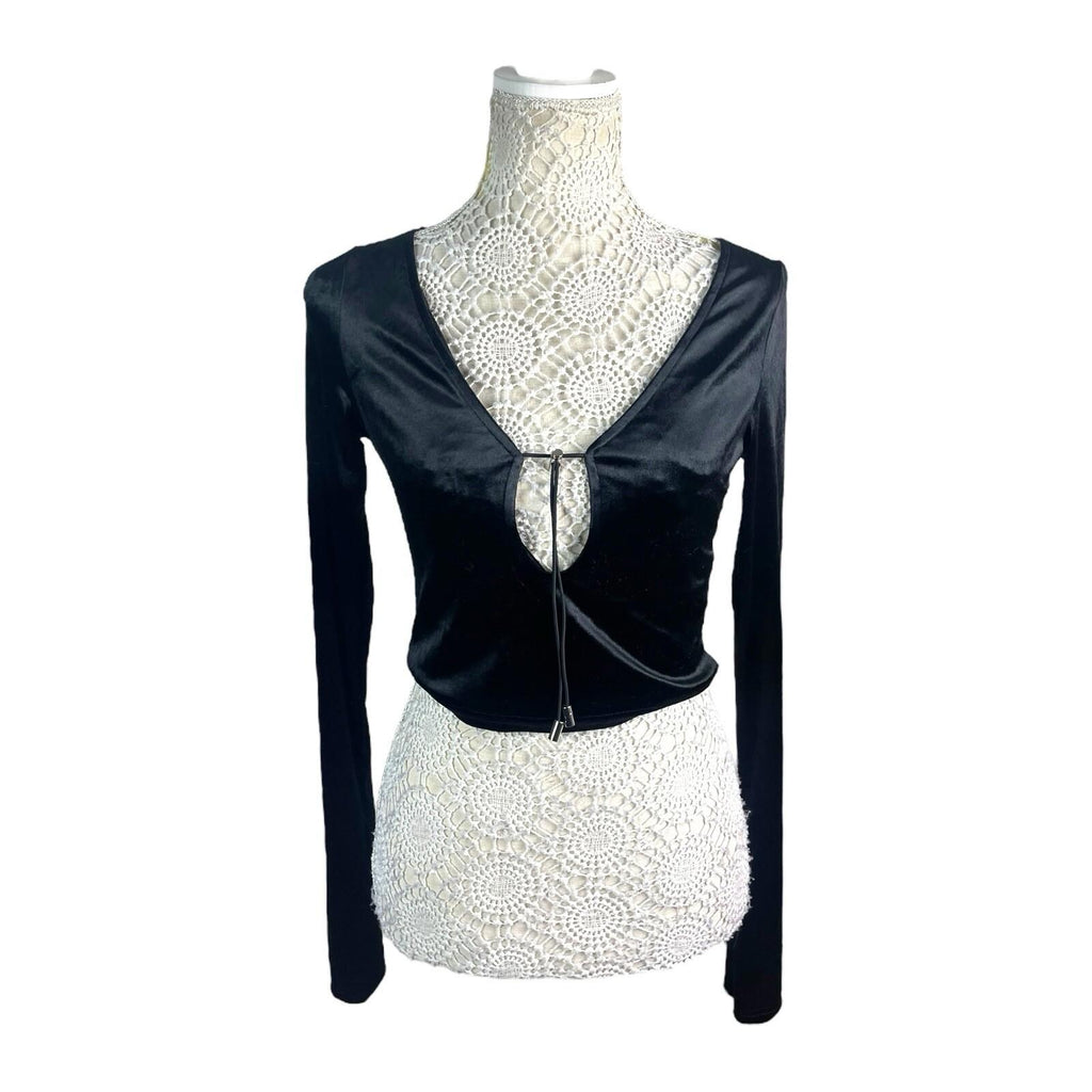 Pretty Little Thing Black Velour Crop Top Long Sleeves Women's UK Size 8