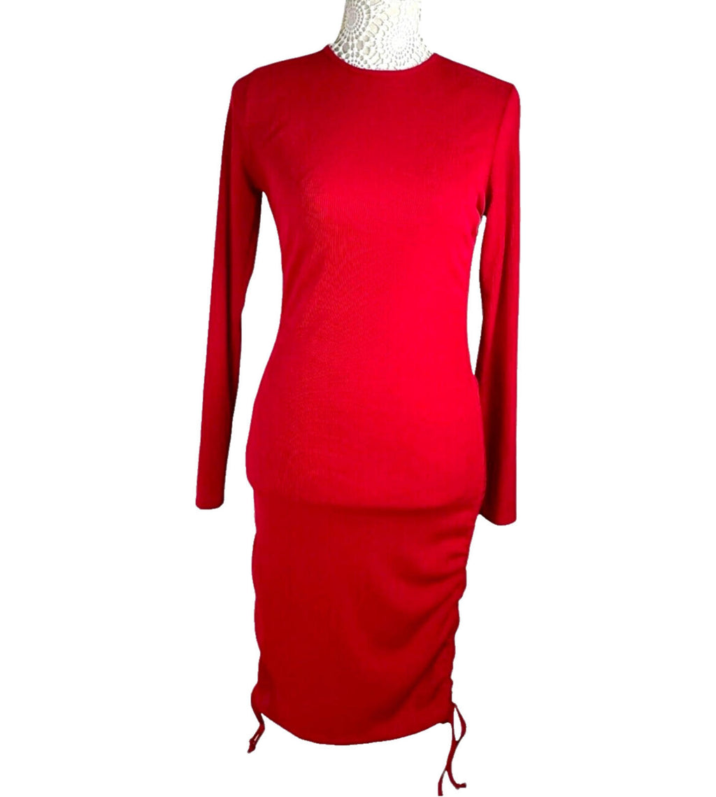 Pretty Little Thing Rib Body Con Dress Red Midi Women’s UK Size 8