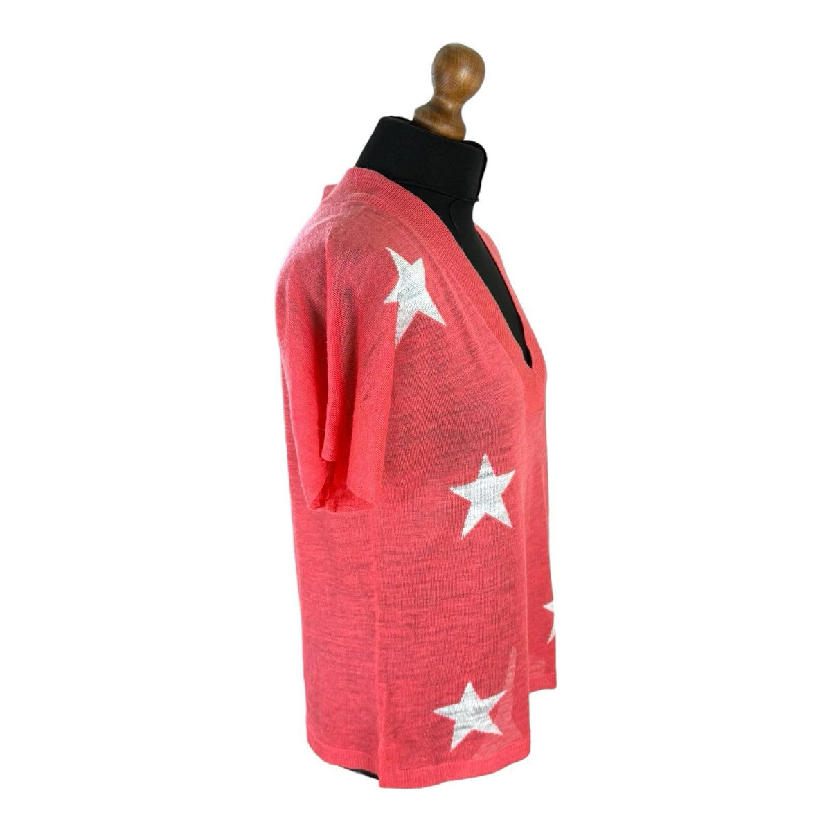 Next Coral Star Pink Knit T-Shirt Top Women's UK Size S Lightweight V-Neck Linen