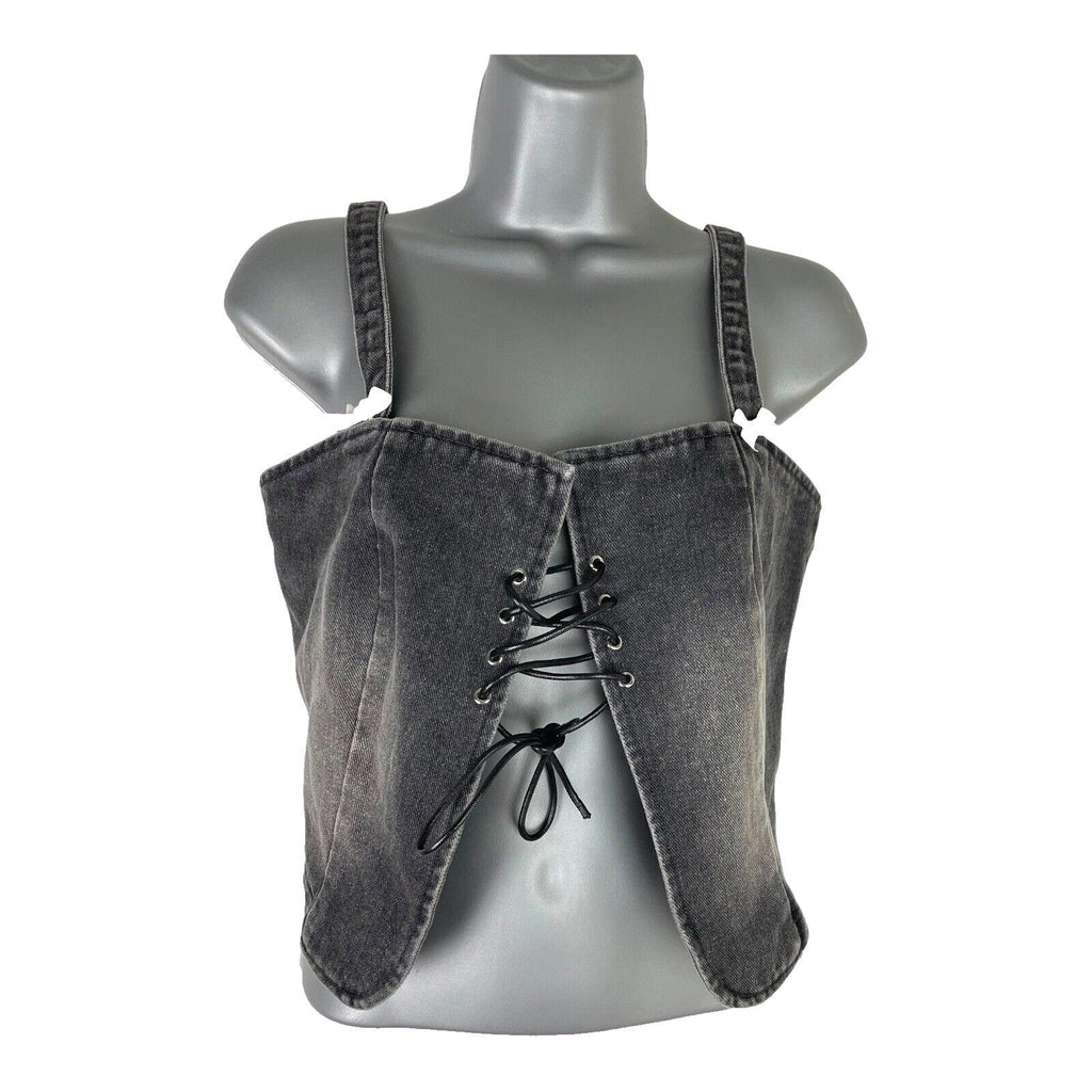 Dark Grey Denim Tank Top Lace Up Front Bow Detail Women's UK Size S