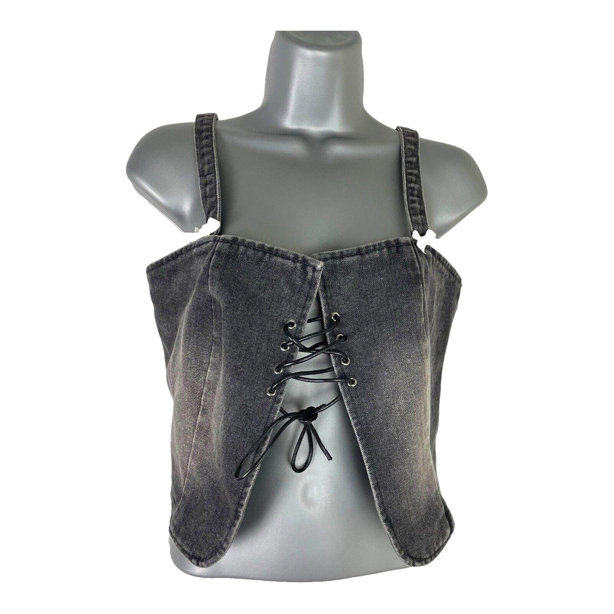 Dark Grey Denim Tank Top Lace Up Front Bow Detail Women's UK Size S
