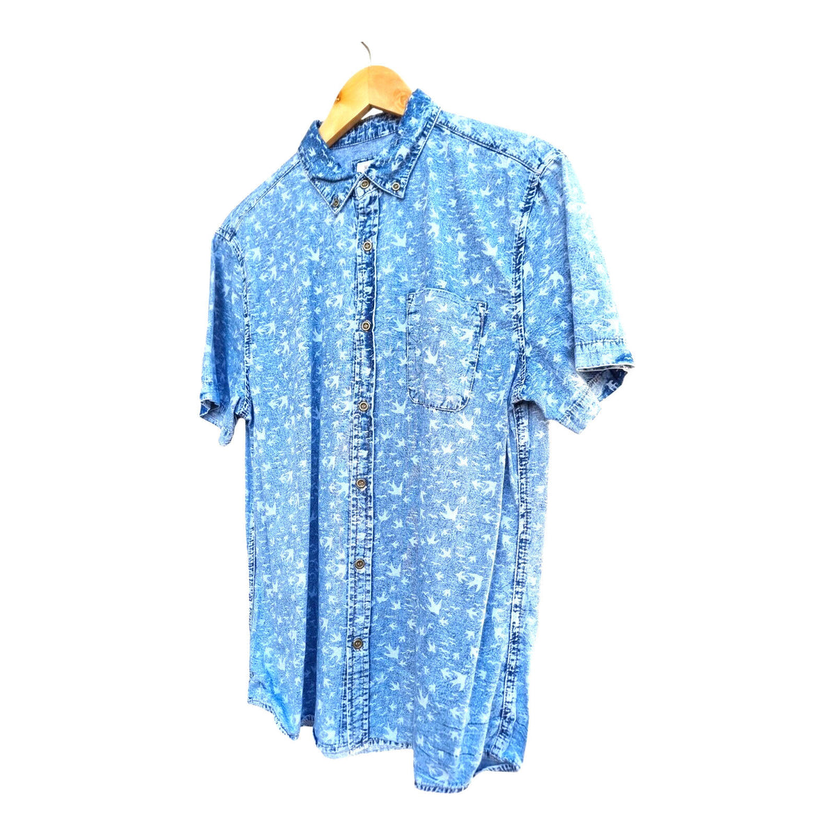 River Island Denim Shirt Blue Short Sleeve Bird Pattern Men's UK Size Large