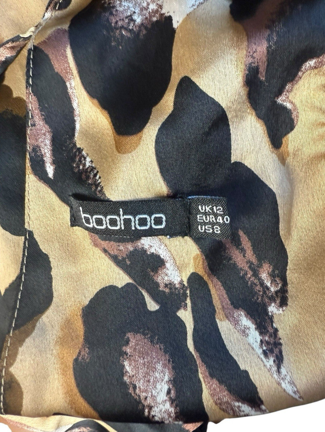 Boohoo Leopard Print Crop Top Women’s UK Size 12 Beige Satin Wrap Front Tie Back