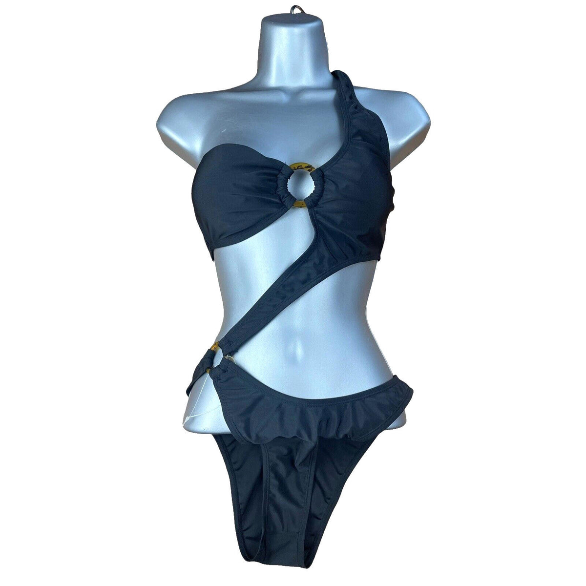 Black Cut Out Side Swimsuit D Ring Padded One Shoulder Women's UK Size 8