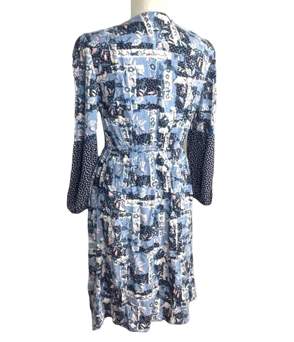 TU Floral Print Midi Dress Women's UK Size 10 Blue Long Bell Sleeve V-Neckline