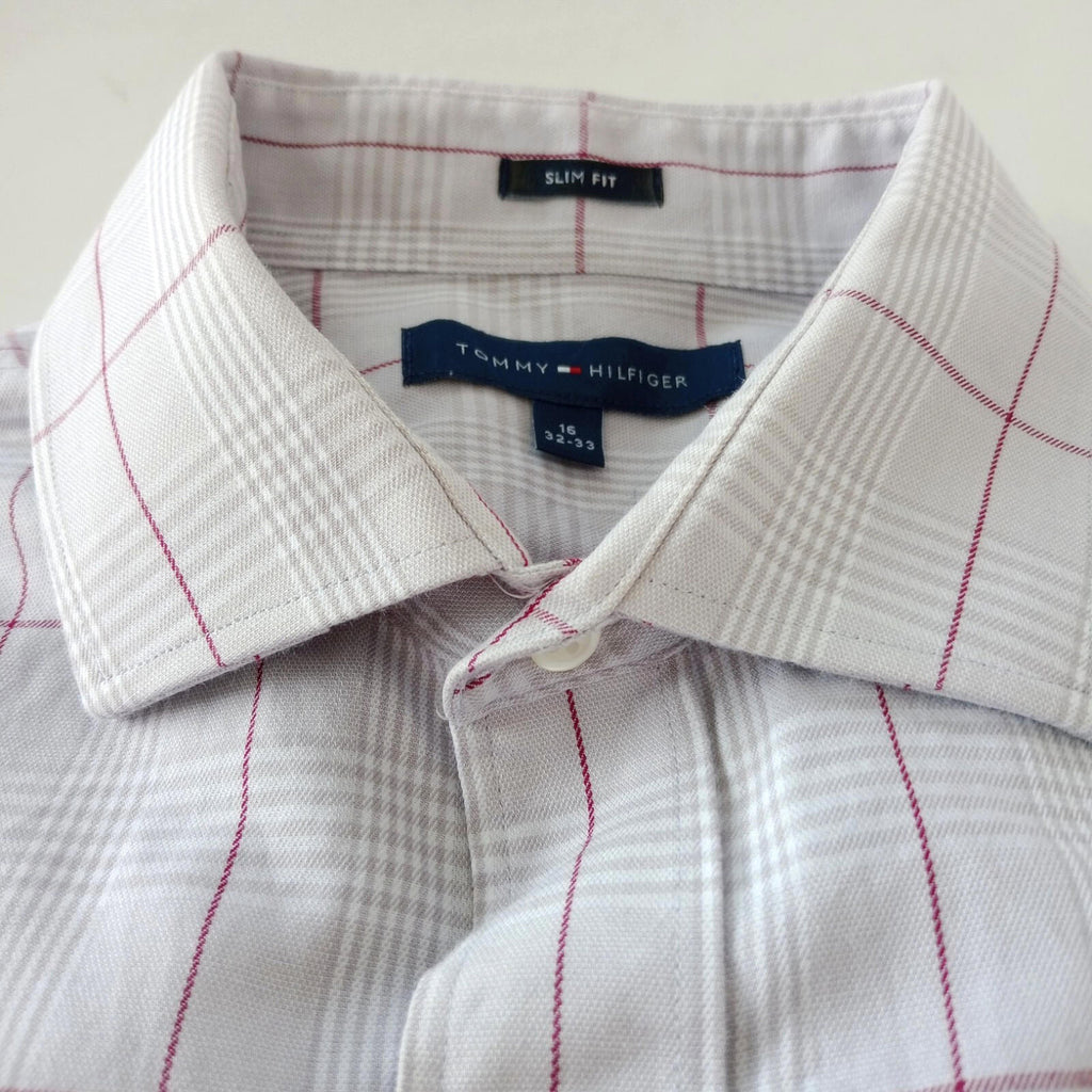 Tommy Hilfiger Shirt Men's UK Size L Beige Check Long Sleeve Pockets Slim Fit