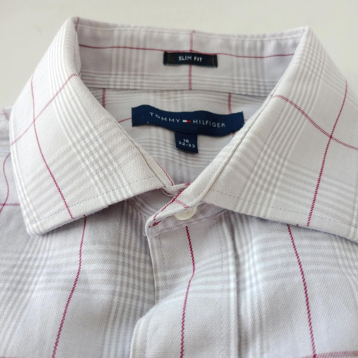 Tommy Hilfiger Shirt Men's UK Size L Beige Check Long Sleeve Pockets Slim Fit