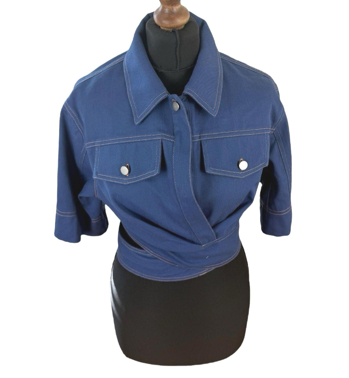 Navy Cropped Denim Shirt Women's UK Size 8 Blue Twist Cutout Detail 3/4 Sleeve Top