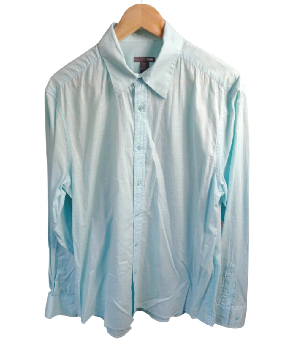 H&M Men's Shirt Green Long Sleeve 100% Cotton Men's UK Size L 44" Chest