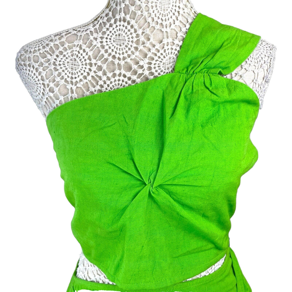 Ruched Skirt & Crop Top Set Women's UK Size 8 Bright Green Sarong One Shoulder