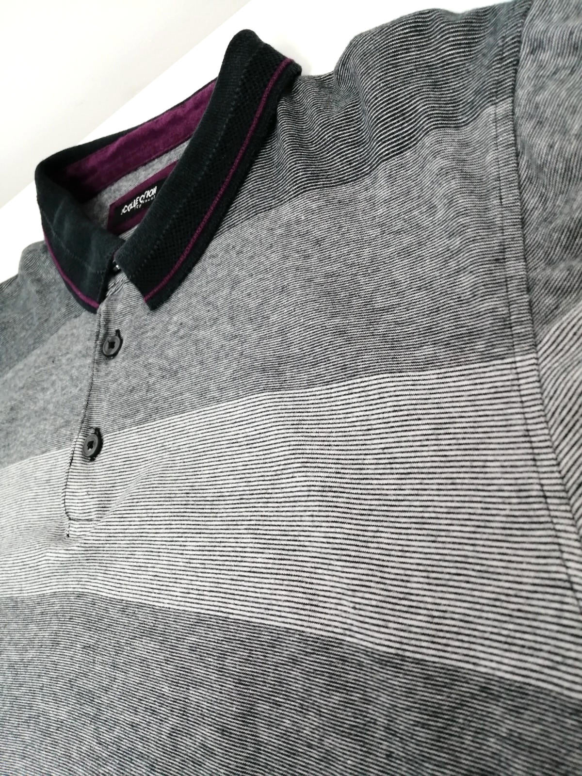 Debenhams Gray Debenhams Men's UK Size XL Grey Polo Shirt Striped Plum Black Collar Side Gusset