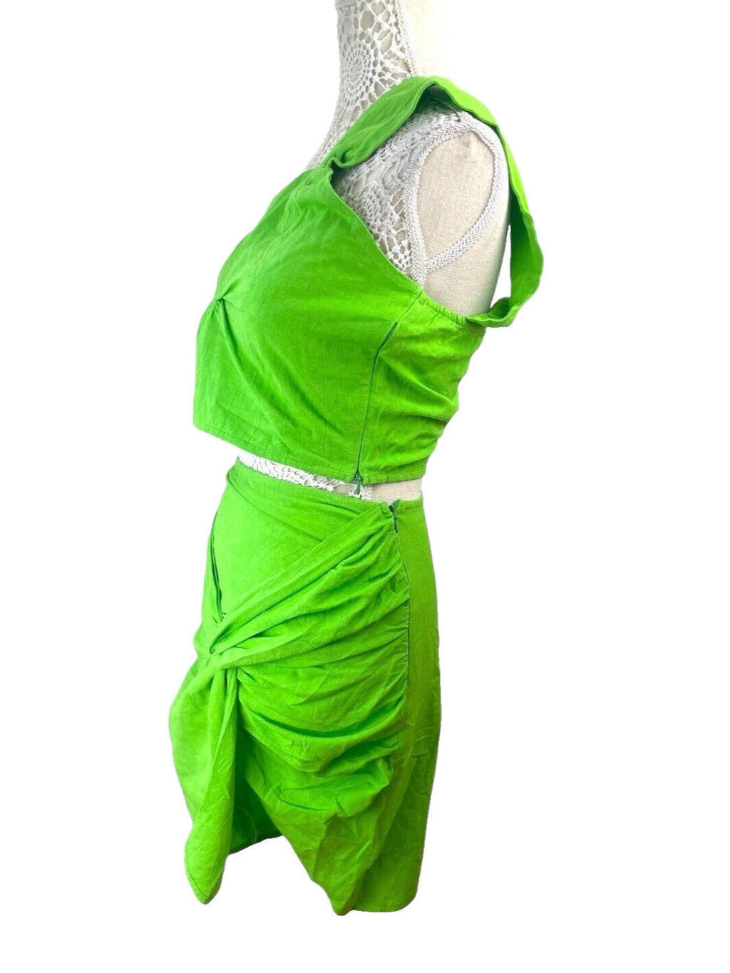 Ruched Skirt & Crop Top Set Women's UK Size 8 Bright Green Sarong One Shoulder