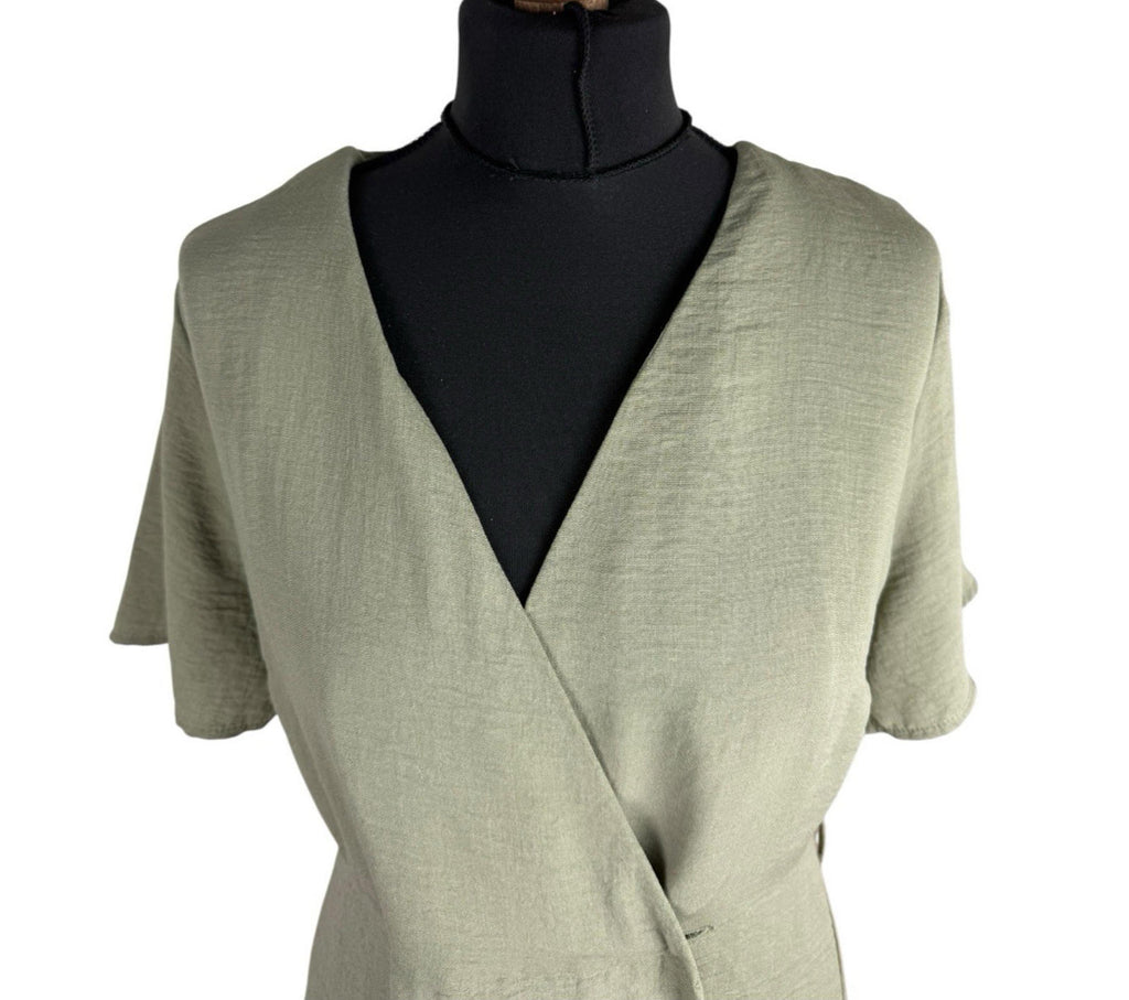 Primark Khaki Green Dress Brown Button Knee Length V Neck Women’s UK Size 12
