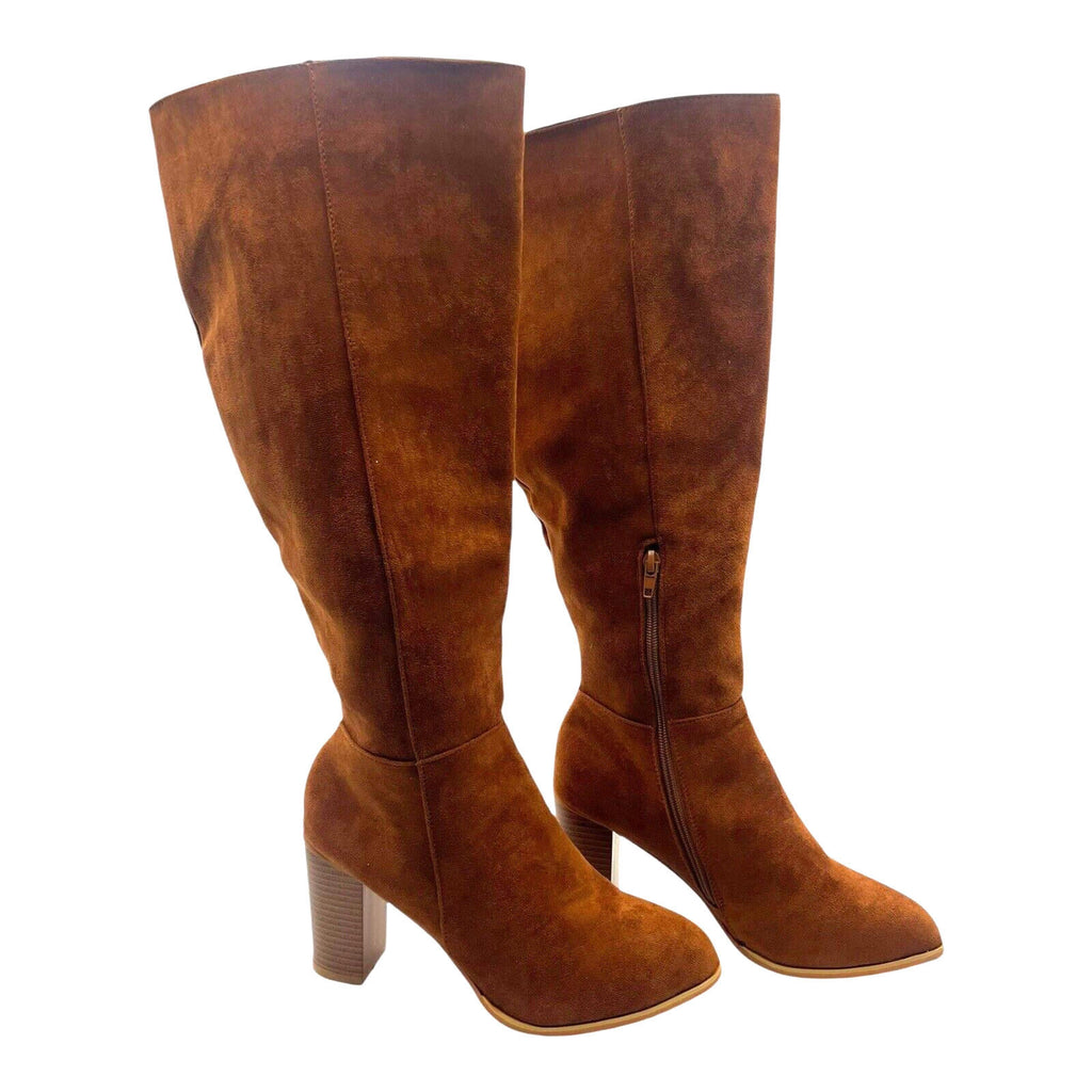 Brown Faux Suede Knee High Boots Block Heel Women's UK Size 6.5