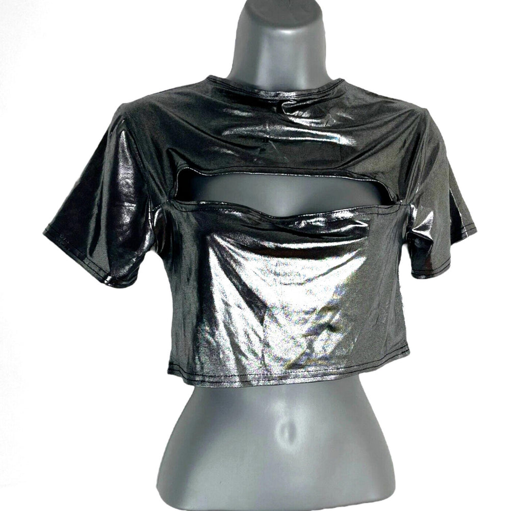Pretty Little Thing Metalic Silver Crop Tee Cut Out Women’s UK Size 8