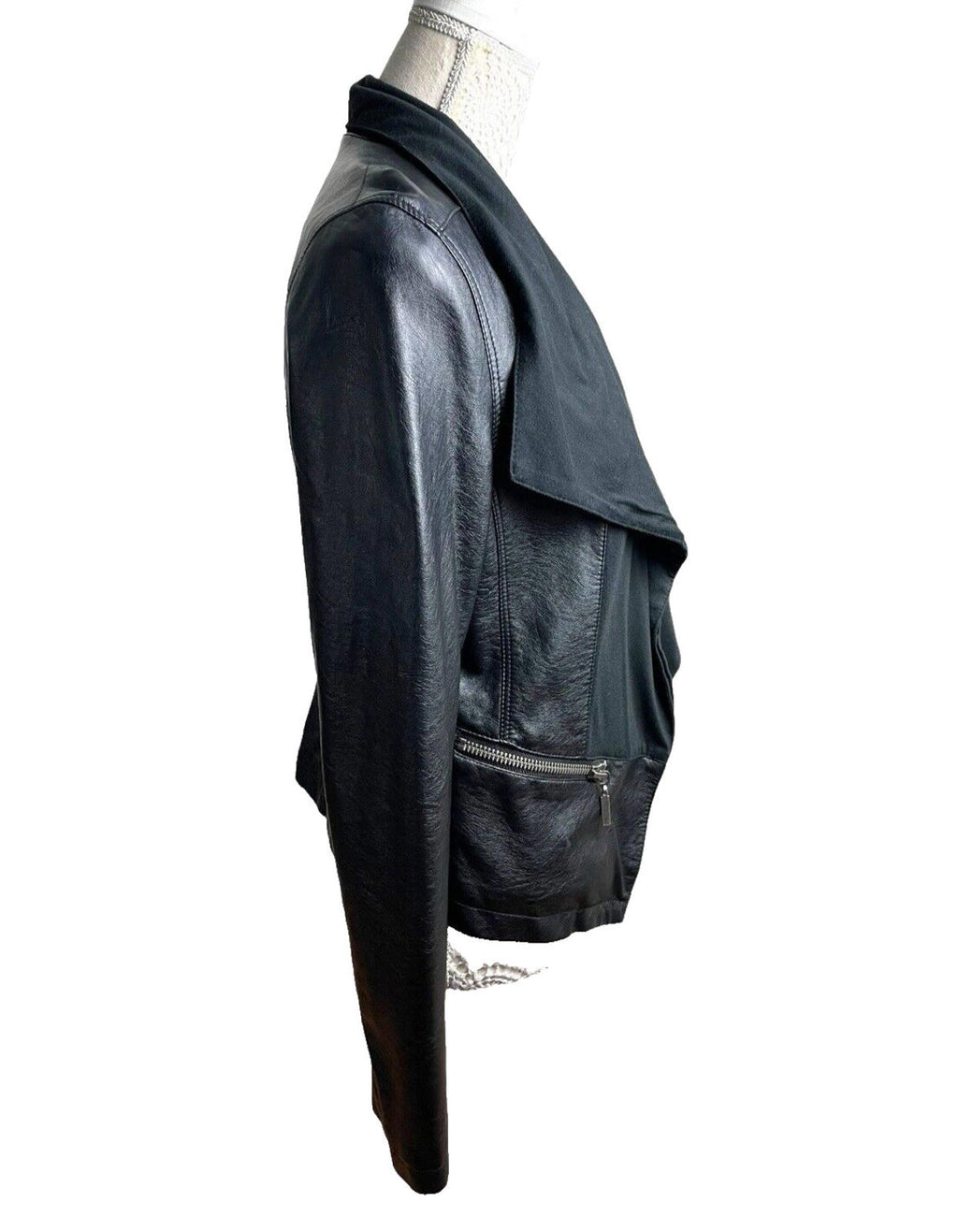 Lipsy Black Faux Leather Biker Jacket Collared Open Front Women’s UK Size 12