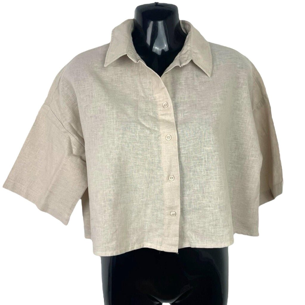 Primark Linen Shirt Blouse Women's UK Size 6 Cropped Relaxed Fit Beige Top