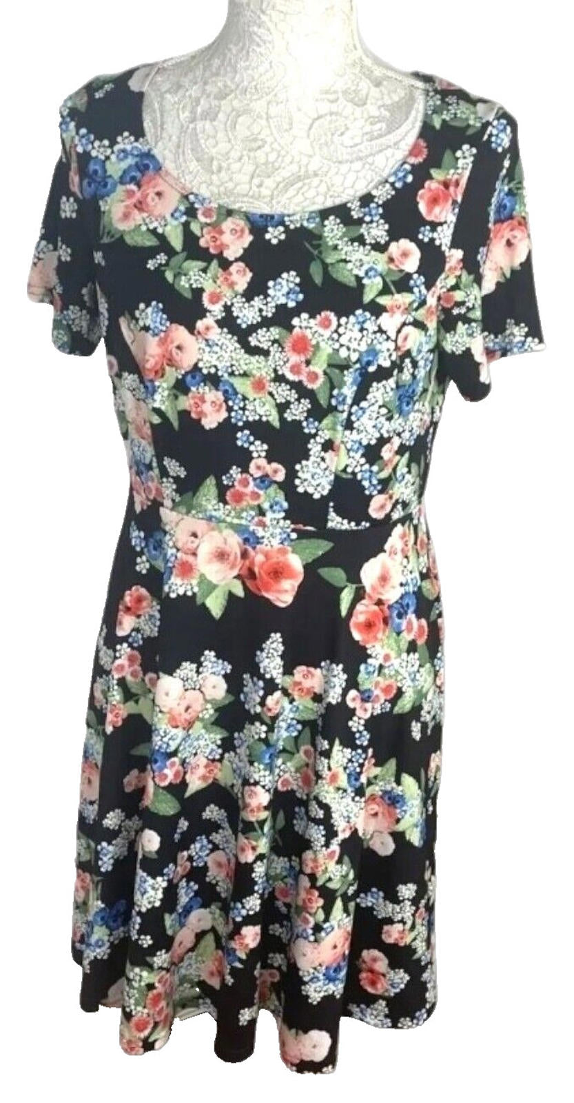 Anthology Floral Midi Dress Women's UK Size 12 Black Short Sleeve Round Neck